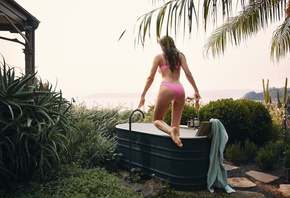 pink bikini, brunette, ass, , model, hips, women, bathtub, women outdoors, trees, sky, beach