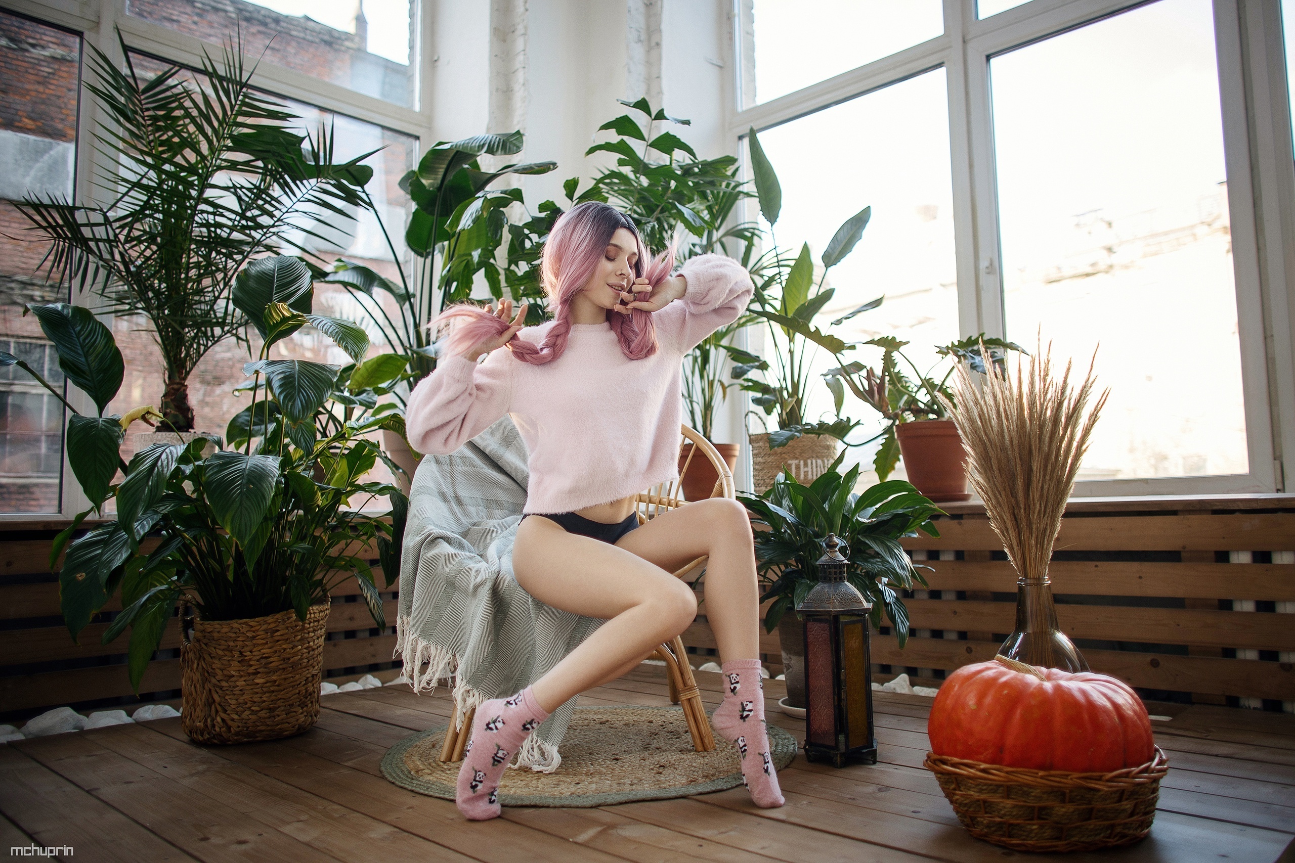 Maksim Chuprin Women Model Brunette Pink Hair Women Indoors