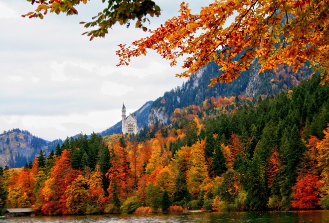 природа, горы, замок, neuschwanstein, германия, осень, красиво, лес, горы