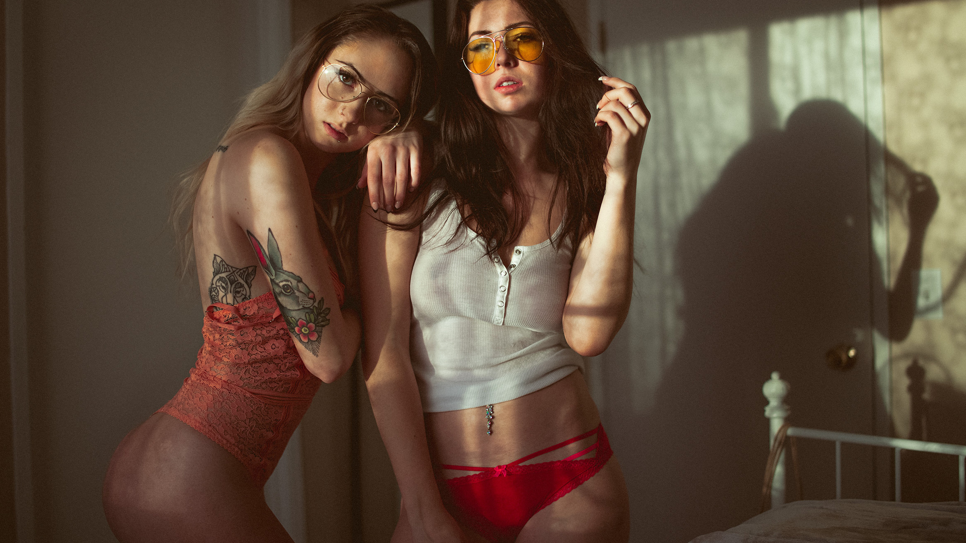 Women Red Panties Ass Women With Glasses Belly Pierced