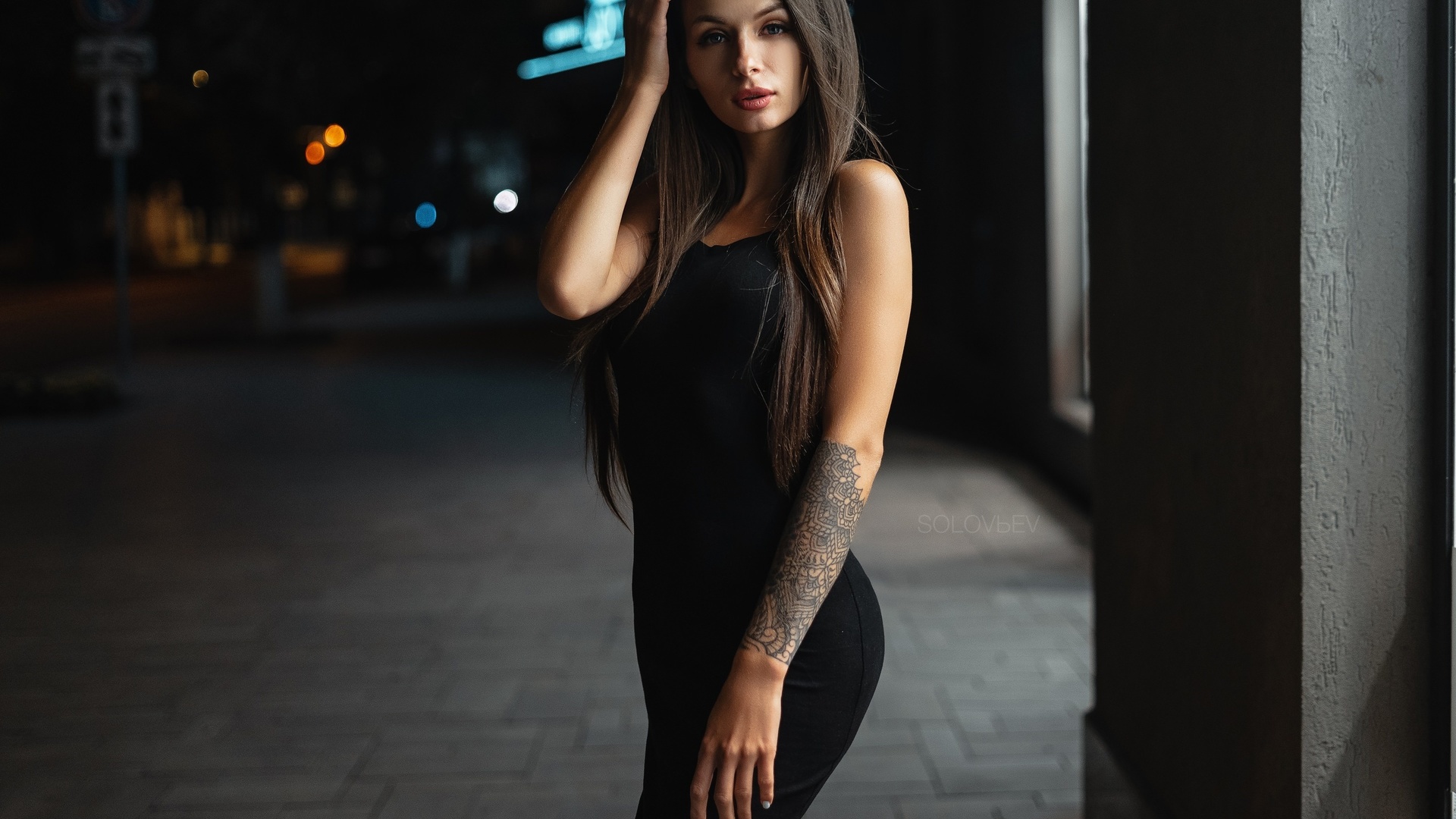 Alyona Elizarova Artem Solov Ev Black Dress Brunette Women