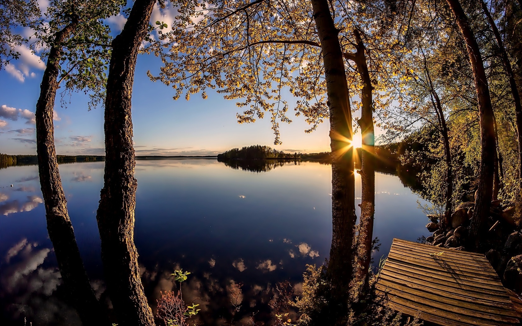 Озеро деревья рассвет
