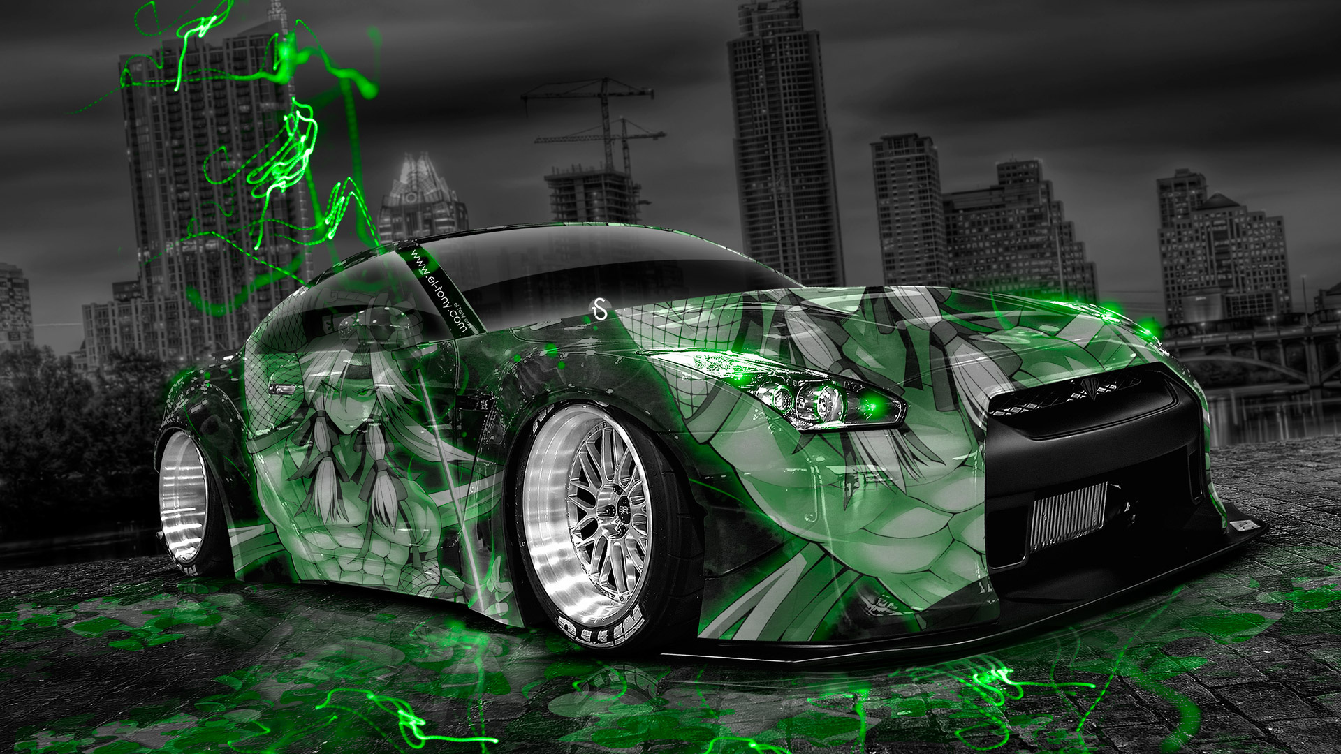 Обои Tony Kokhan Nissan GTR R Tuning Anime Aerography Green Neon Effects Style City