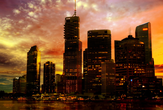 , city lights, wallpaper, skyscraper, sunset city, Methevas, , australia