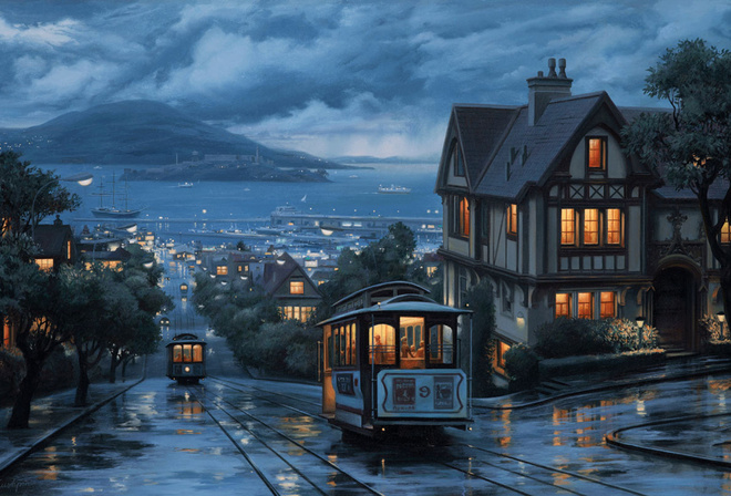 landscape, An evening journey, street, city, painting, evening, eugeny lushpin, lushpin, port