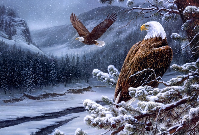 river, painting, eagles, Rosemary milette, spirit of the wild-bald eagles, winter, 