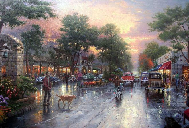 painting, houses, carmel sunset on ocean avenue, avenue, city, Thomas kinkade, cars, town, kinkade