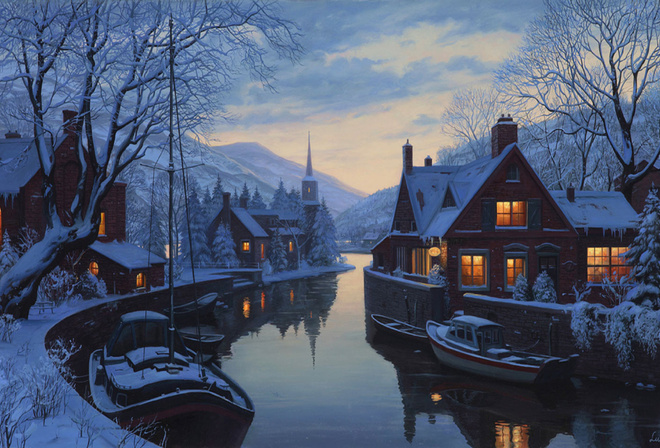 An old inn by the river, painting, winter, chapel, eugeny lushpin, houses, lushpin, snow, trees