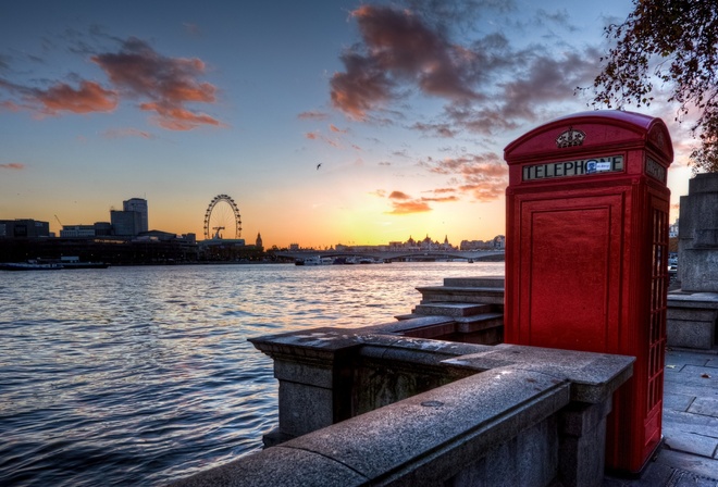 bridge, telephone, thames, london eye, Sunset, england, uk, , london