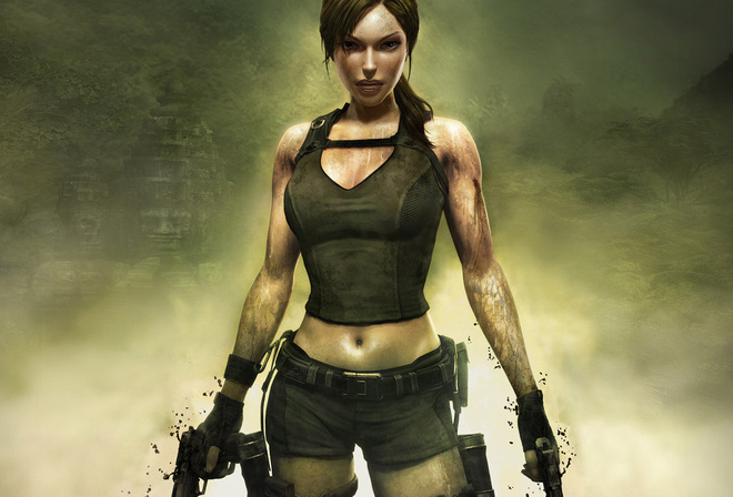 lara croft, girl, ruins, weapons, guns, tomb raider, jungle, legend