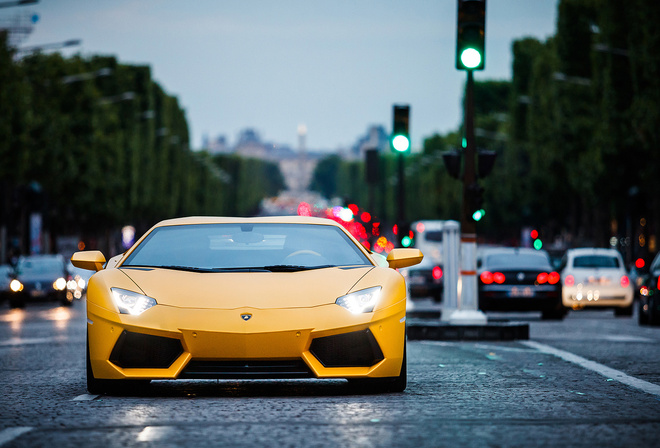 paris, yellow, lamborghini, aventador