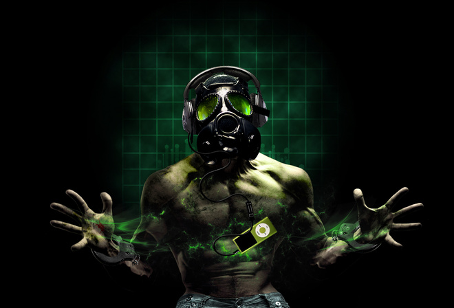 photoshop, music, gas mask