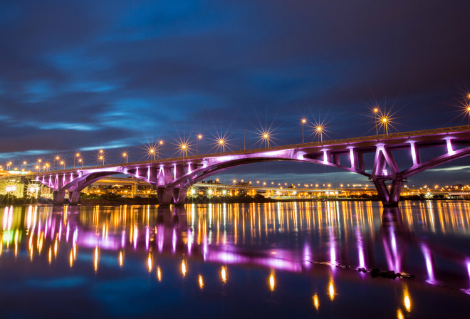 river, city, bridge, taipei, night, reflection, lights, china, taiwan