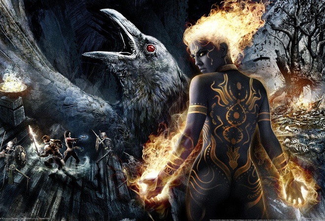 raven, warriors, skeletons, darkness, game wallpapers, fire, tattoo, Dungeon siege 3, swords, girl