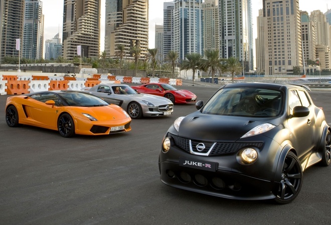 lamborghini, Nissan, juke r, and, italia, ferrari, sls, amg, gallardo, mercedes-benz, 458