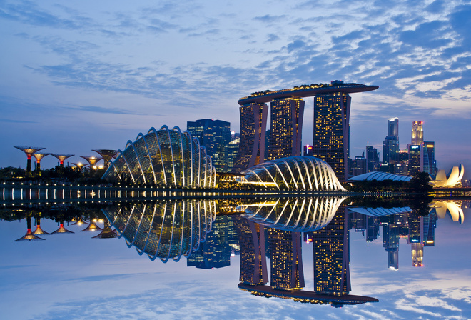 sky, reflection, gardens by the bay, skyscrapers, lights, clouds, architecture, evening, Singapore