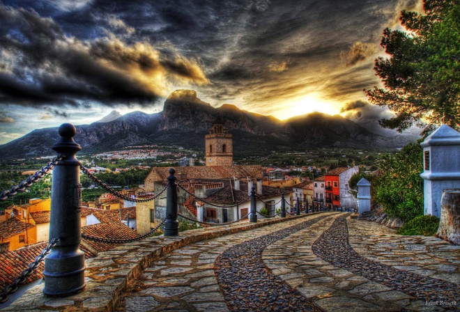 houses, sunset, colors, road, colorful, old, Architecture, clouds, mountain, street, hdr, sky