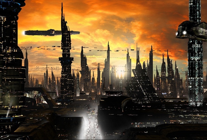 sci-fi, rich35211, scott richard, cityscape, ships, towers, planet, Futuristic city 1