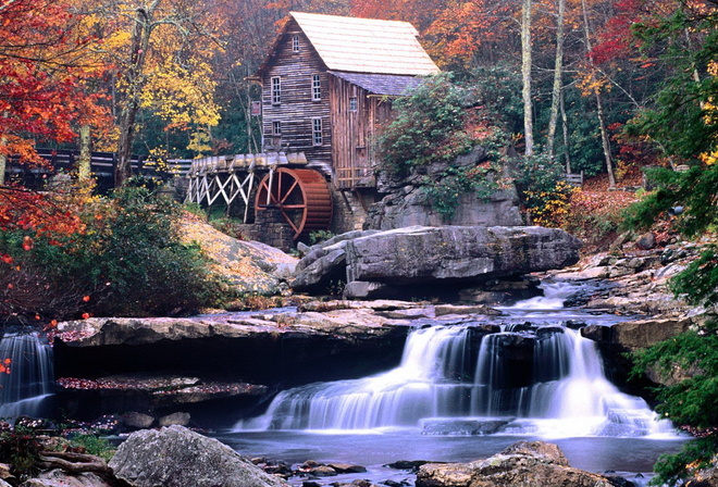 waterfall, forest, mill