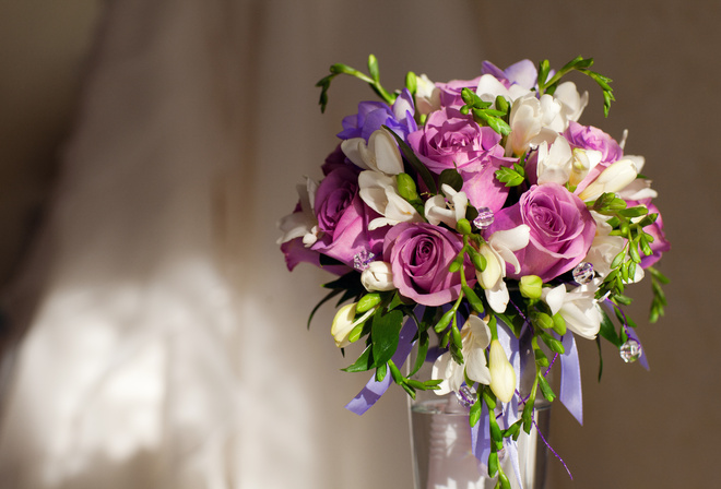 Violet flowers, , vase, , bouquet, roses,  