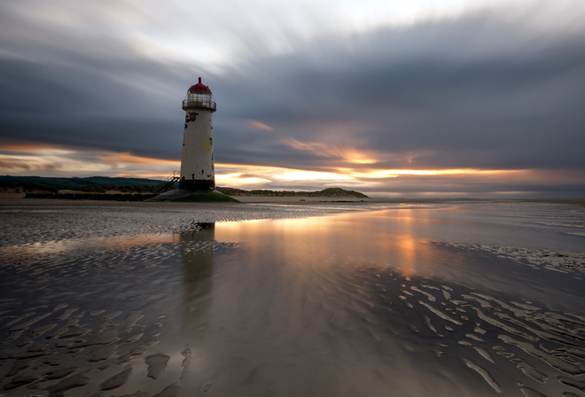 Talacre, lighthouse, sunset, reflections