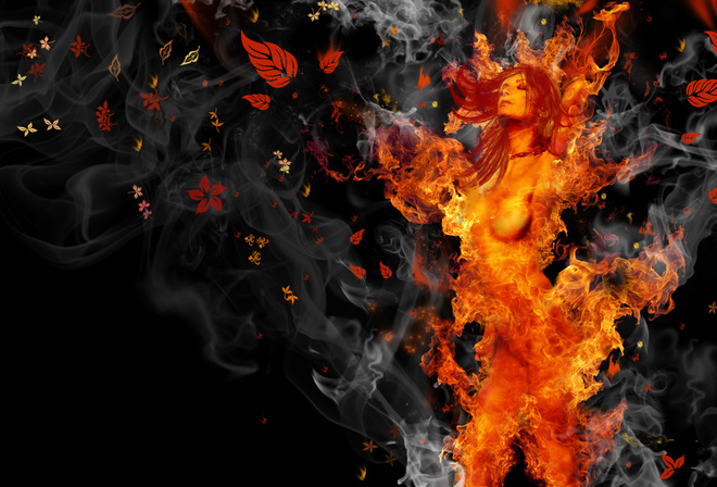 girl, fire, Photoshop