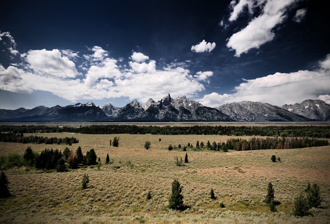 clouds, trees, mountains