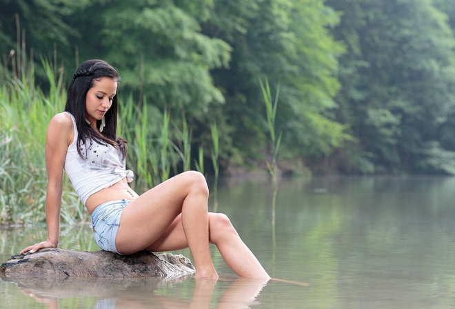 , , , , , , , , , , , , girl, brunette, nature, fishing, river, morning, reeds, trees