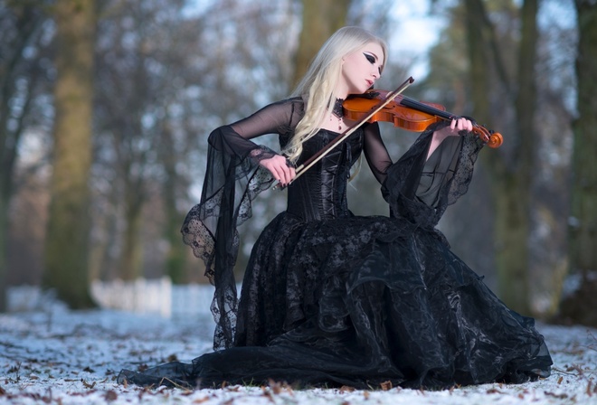 Maria Amanda, Winters Melody, Blonde, Winter, Snow, Violin, Black Dress, Stock