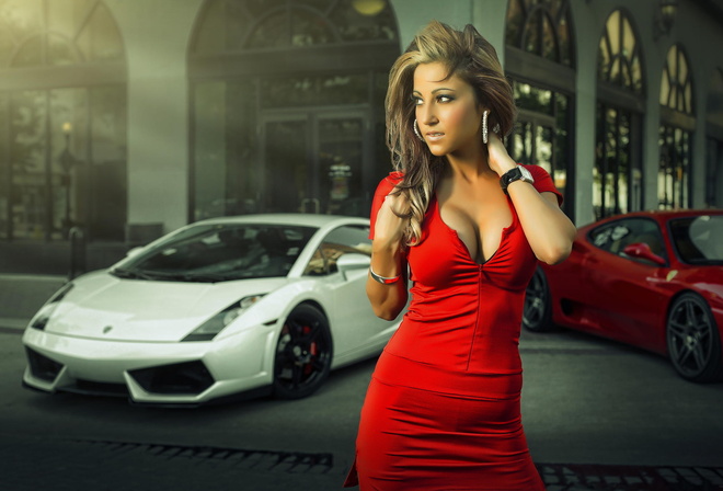 Model Robin Grimshaw, , Photography by Joel Chan, Lamborghini, Gallardo, white, Ferrari, 360, red