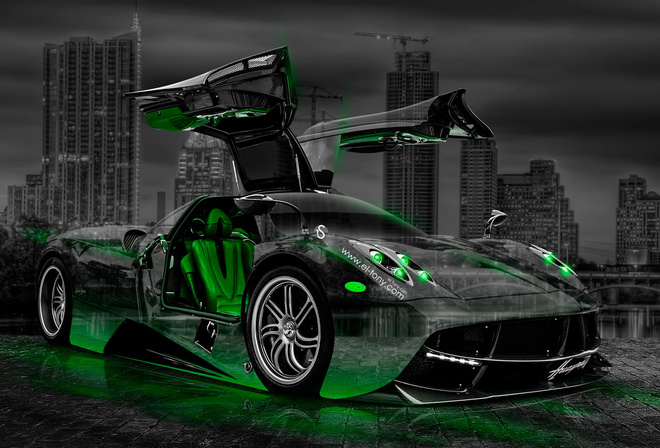 Tony Kokhan, Pagani, Huayra, Open, Doors, Crystal, City, Green, Neon, Car, Style, Night, el Tony Cars, Photoshop, Design,  , , , , , , , , , , , , , 2014, , 