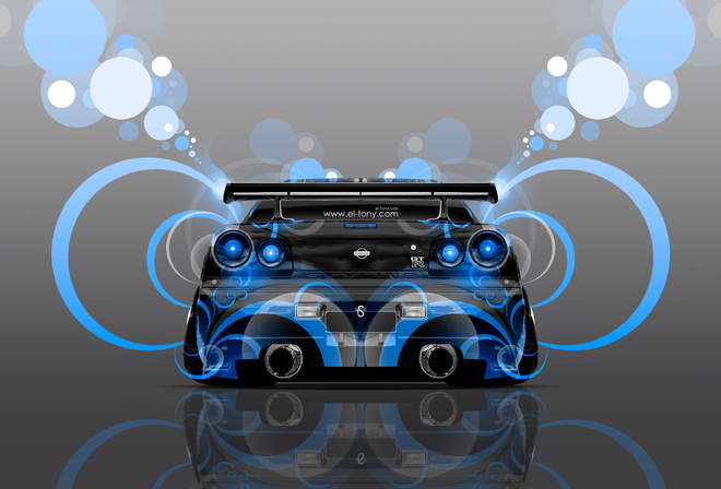 Обои Tony Kokhan Nissan Skyline R GTR JDM Back Abstract Aerography Style Blue