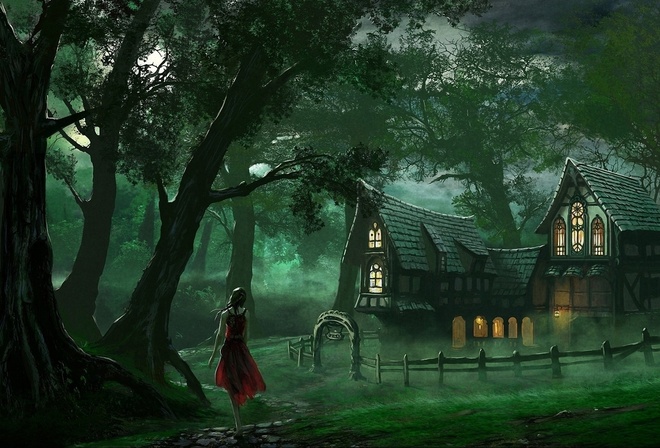 woman, forest, house, old, tree