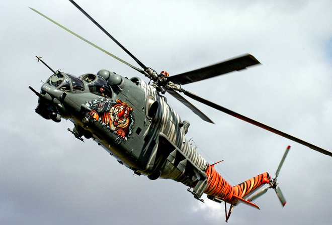 helicopter, mI-24, warlfly, gun, clouds, sky