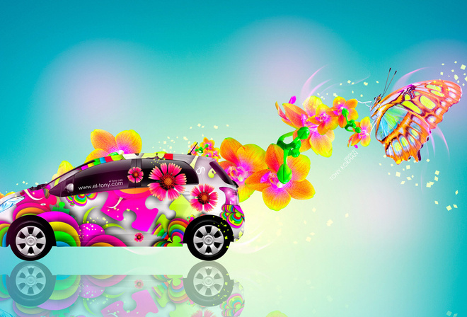 Tony Kokhan, Toyota, Vitz, JDM, Side, Abstract, Aerography, Fantasy, Butterfly, Flowers, Car, Multicolors, Blue, Yellow, el Tony Cars, Photoshop, Design, Art, Style, HD Wallpapers,  , , , , ,  , , 