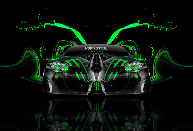 Tony Kokhan, Monster Energy, Mercedes-Benz, SLR, McLaren, Mansory, Front, Plastic, Car, Aerography, Green, Acid, Effects, Black, el Tony Cars, Photoshop, HD Wallpapers, Tuning, Design, Art, Style,  , ,  , , -