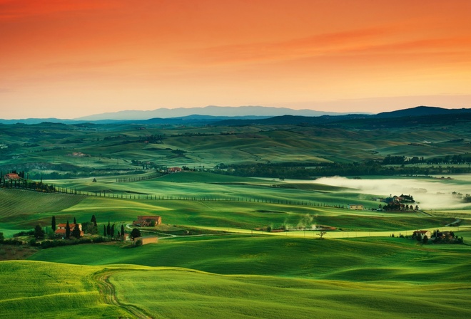 tuscany, italy, orenge, green, path, sky