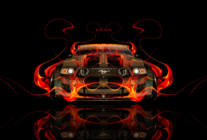 Tony Kokhan, Ford, Mustang, GT, Front, Fire, Car, Tuning, Orange, Flame, Muscle, Black, Abstract, el Tony Cars, Photoshop, HD Wallpapers, Design, Art, Style, American, USA,  , , , , , ,  , , , ,