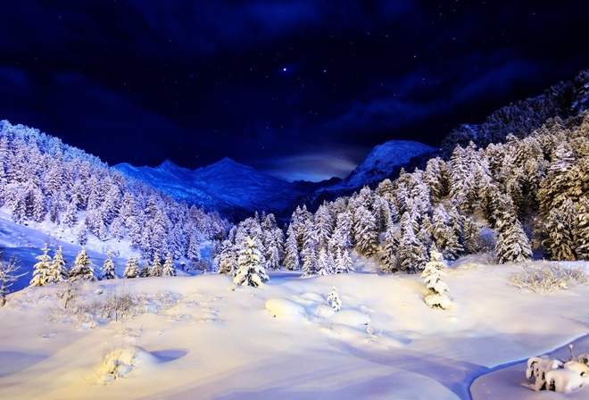 winter, mountain, snow, trees