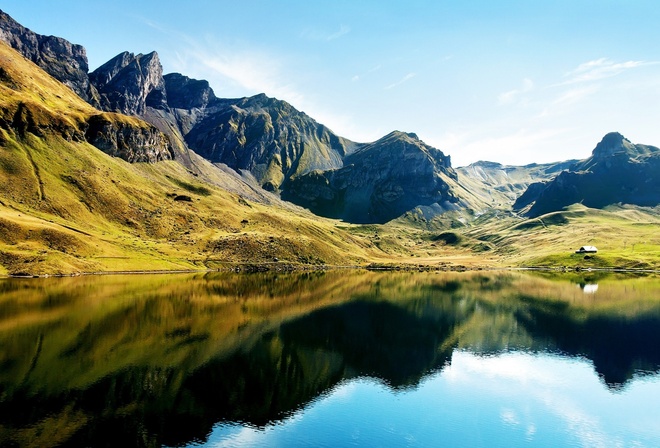 mountain, view, lake, trees, colors