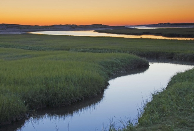 sunrise, fields, river, grass, sun, sky