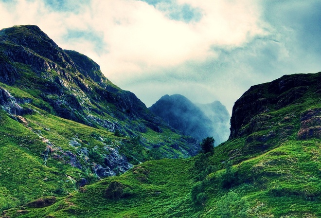 mountain, forest, trees, clouds, sky, green