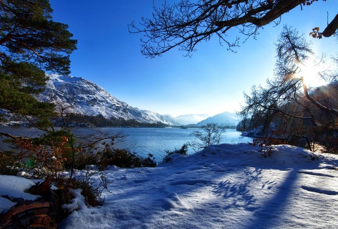 winter, mountain, snow, trees, road, sun, sky, blue