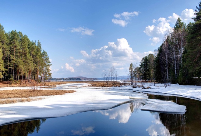 winter, river, delta, snow, trees, mountain