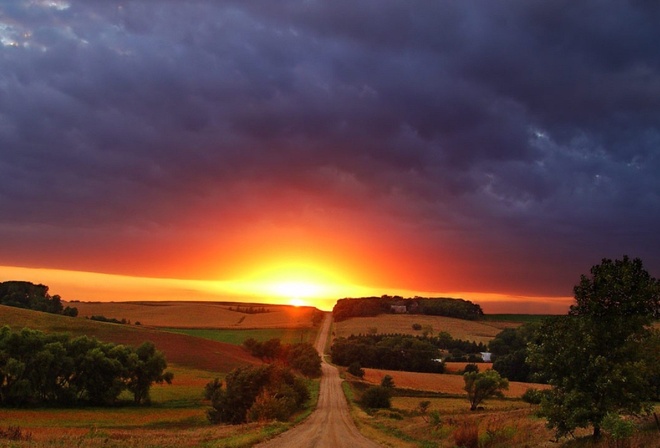 sunrise, fields, river, grass, sun, sky, road