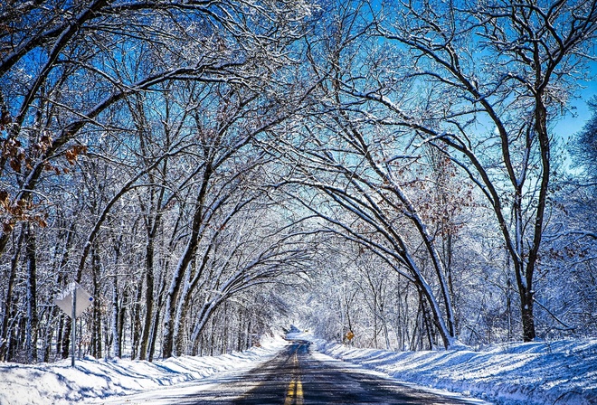 winter, mountain, snow, trees, road, sun, sky, blue