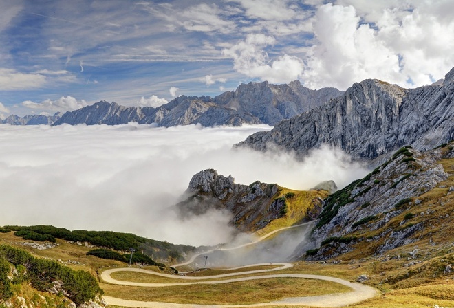 alps, road, clouds, grass, sky