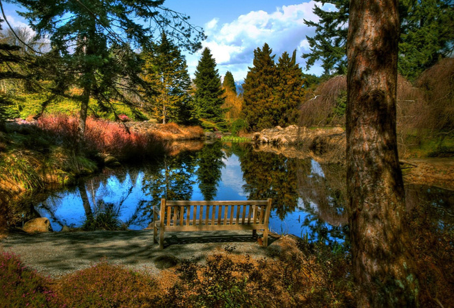 lake, mountain, reflextion, water, sky, blue, bench