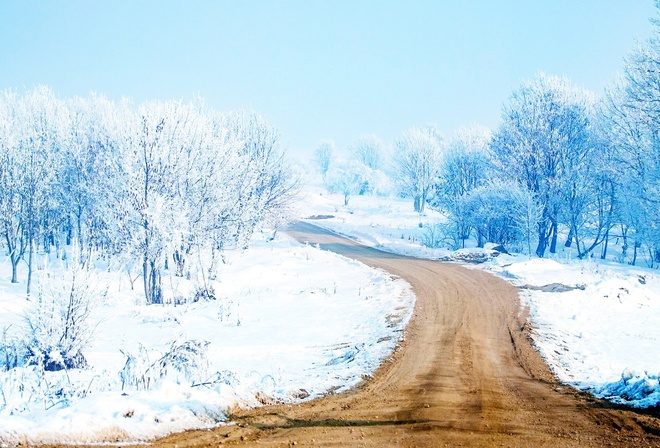 winter, trees, snow, path, mountain, road