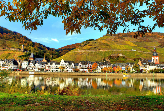 lake, village, trees, water, mountain